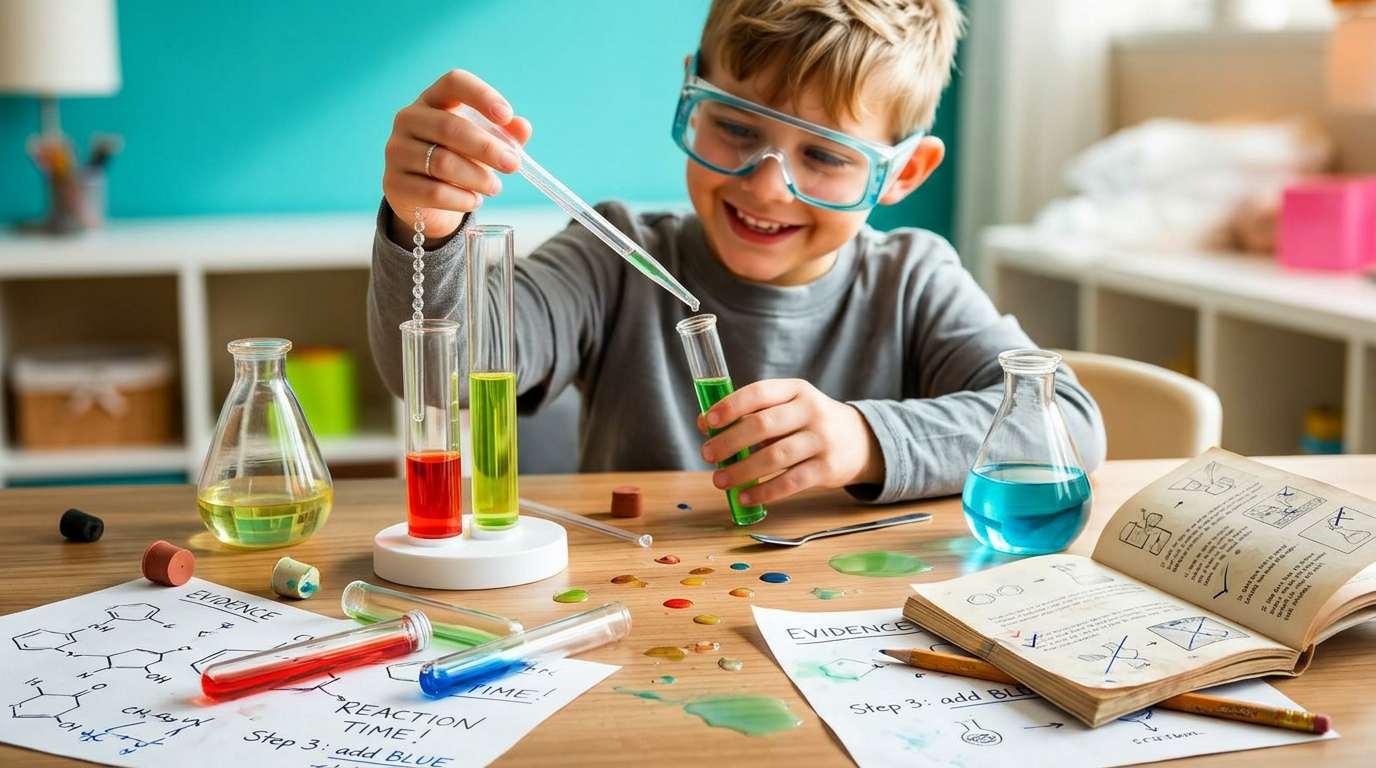 Kind doet enthousiast proefjes met een chemiedoos en kleurige reageerbuisjes