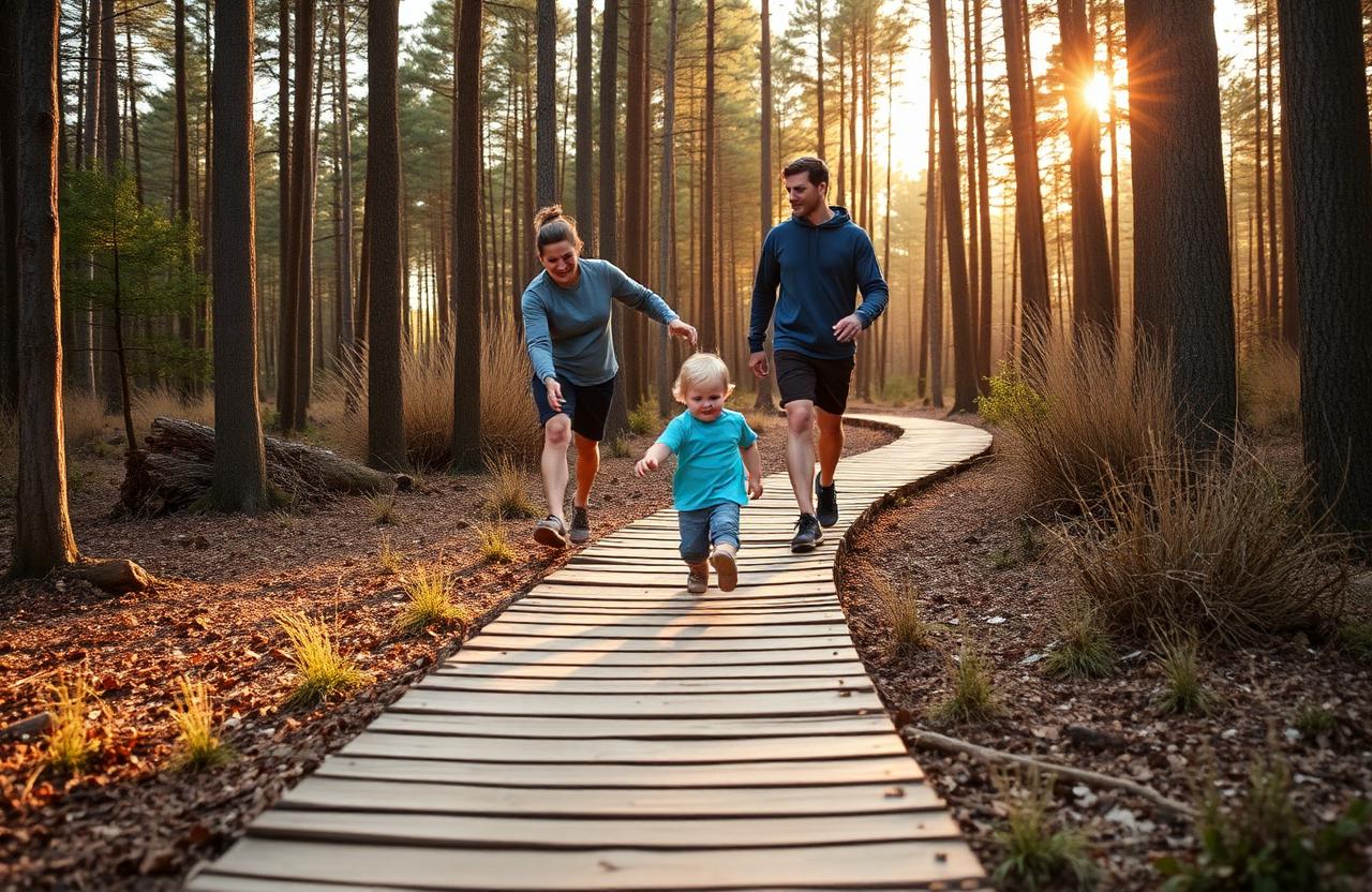 Ouders en kind wandelen samen over een houten pad in het bos tijdens een uitje