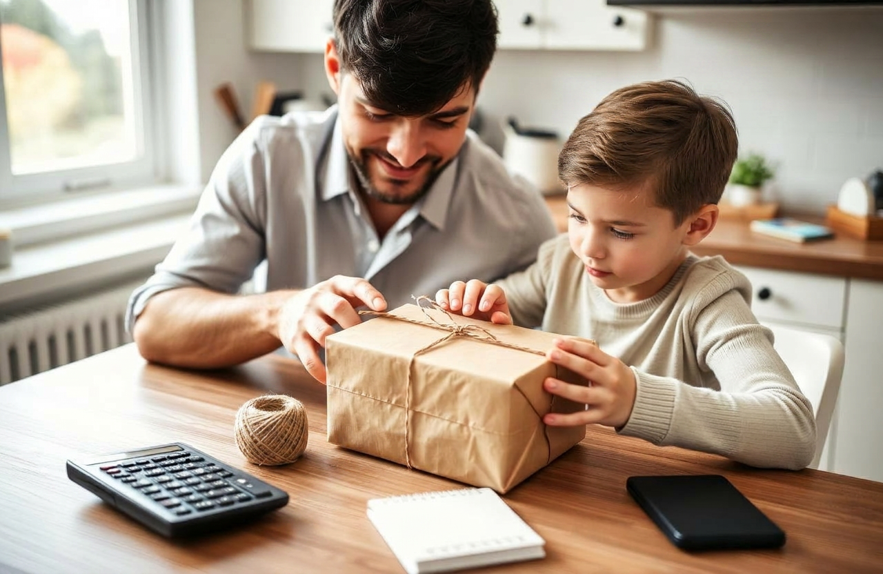 Ouder en kind pakken samen aan de keukentafel een cadeau in met budget in gedachten