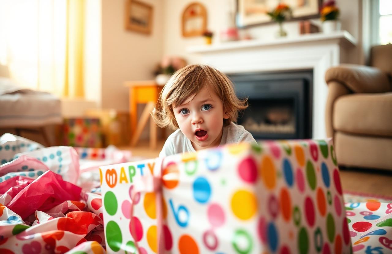 Verrast kind pakt thuis een groot kleurrijk verpakt cadeau uit