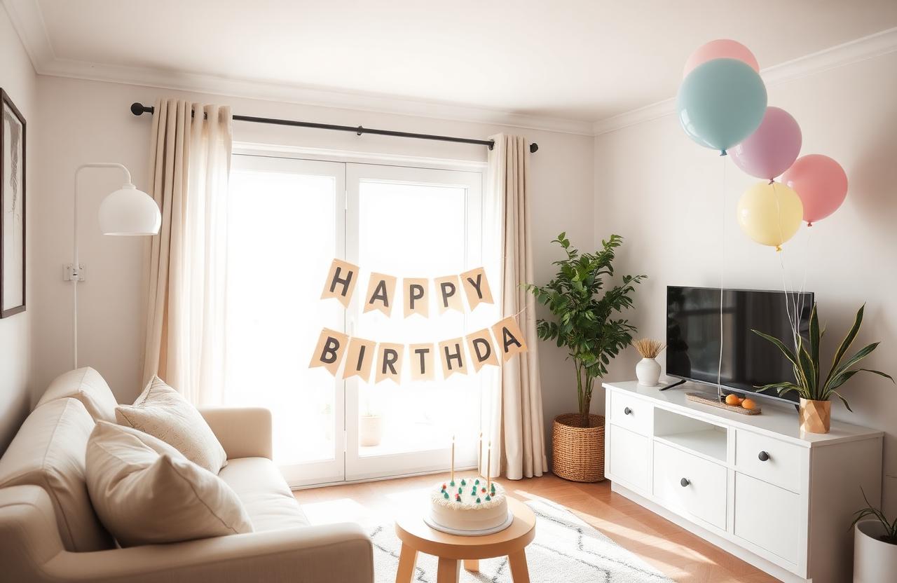 Gezellige woonkamer thuis versierd met pastel ballonnen en slinger voor een verjaardagsfeestje